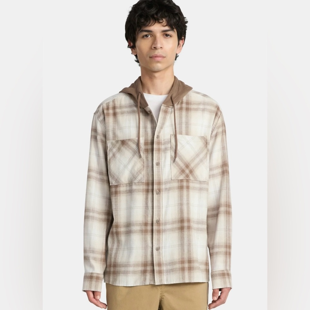No Boundaries Hooded Flannel Shirt Mens M Pearl White Plaid Oversized Streetwear